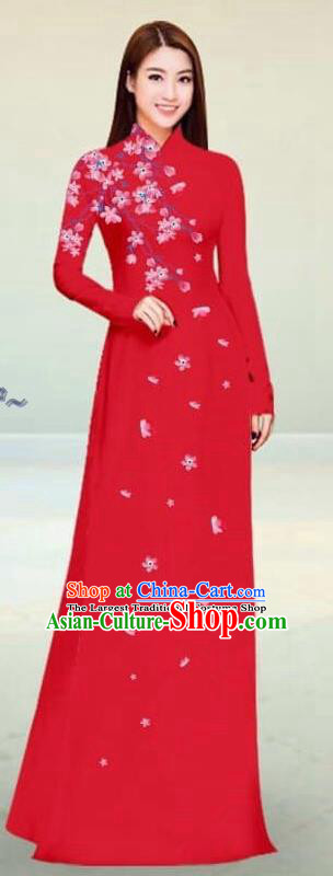 Asian Vietnam Traditional Red Cheongsam Vietnamese Classical Ao Dai Qipao Dress for Women