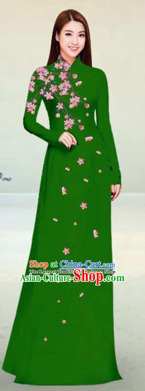 Asian Vietnam Traditional Deep Green Cheongsam Vietnamese Classical Ao Dai Qipao Dress for Women