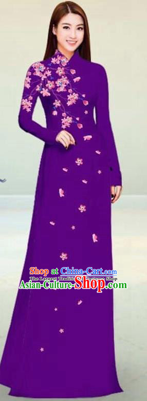Asian Vietnam Traditional Purple Cheongsam Vietnamese Classical Ao Dai Qipao Dress for Women