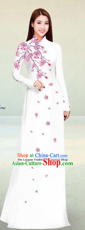 Asian Vietnam Traditional White Cheongsam Vietnamese Classical Ao Dai Qipao Dress for Women