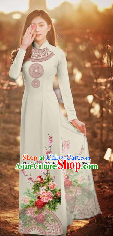 Asian Vietnam Traditional Printing Peony Light Green Cheongsam Vietnamese Classical Ao Dai Qipao Dress for Women