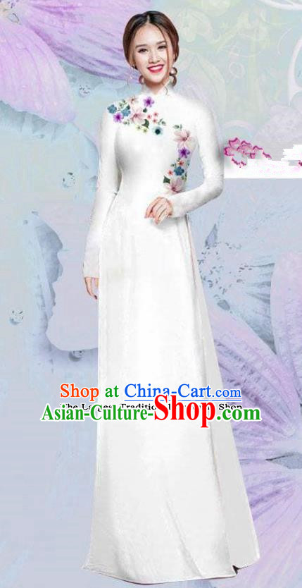 Asian Vietnam Traditional Cheongsam Vietnamese Classical White Ao Dai Qipao Dress for Women