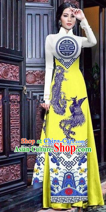 Asian Vietnam Traditional Printing Phoenix Bright Yellow Cheongsam Vietnamese Ao Dai Qipao Dress for Women