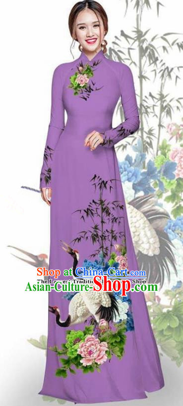 Asian Vietnam Traditional Printing Crane Peony Purple Cheongsam Vietnamese Ao Dai Qipao Dress for Women