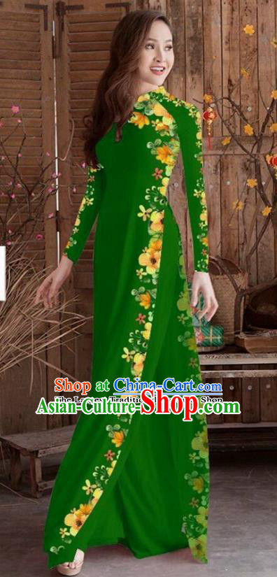 Asian Vietnam Traditional Printing Cheongsam Vietnamese Deep Green Ao Dai Qipao Dress for Women
