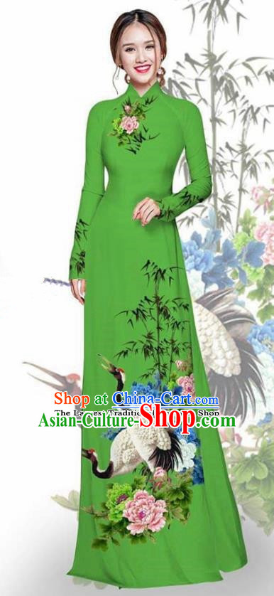 Asian Vietnam Traditional Printing Crane Peony Green Cheongsam Vietnamese Ao Dai Qipao Dress for Women
