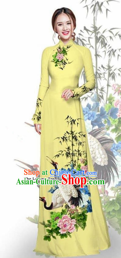 Asian Vietnam Traditional Printing Crane Peony Light Yellow Cheongsam Vietnamese Ao Dai Qipao Dress for Women