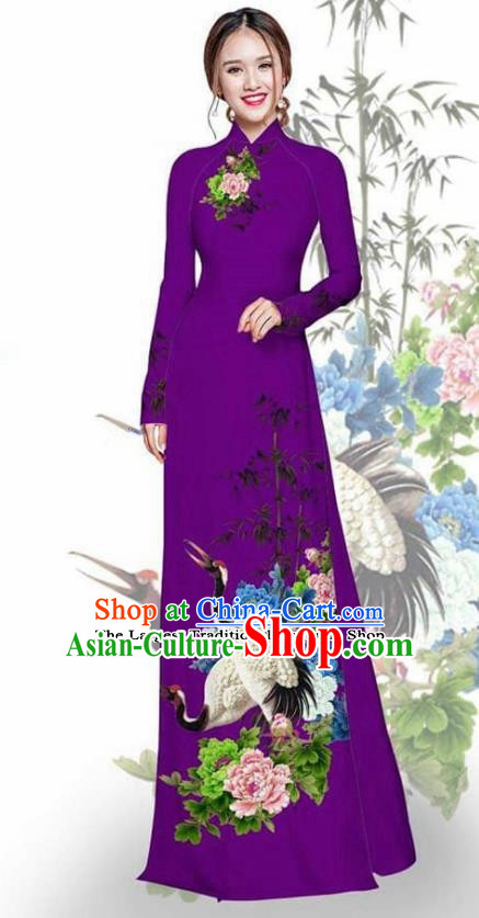 Asian Vietnam Traditional Printing Crane Peony Violet Cheongsam Vietnamese Ao Dai Qipao Dress for Women