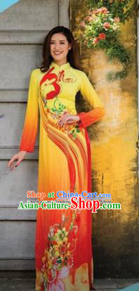 Asian Vietnam Traditional Printing Orange Cheongsam Vietnamese Ao Dai Qipao Dress for Women