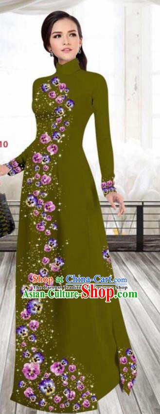 Asian Vietnam Traditional Female Costume Vietnamese Printing Olive Green Cheongsam Ao Dai Qipao Dress for Women