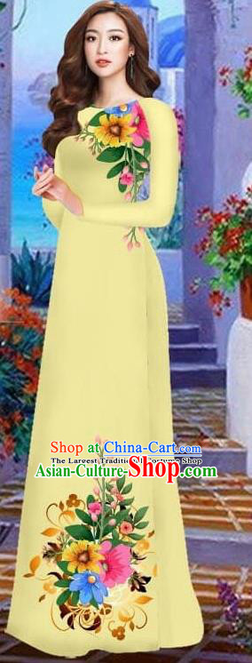 Asian Vietnam Traditional Female Costume Vietnamese Yellow Cheongsam Printing Ao Dai Qipao Dress for Women