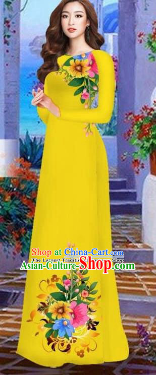 Asian Vietnam Traditional Female Costume Vietnamese Bright Yellow Cheongsam Printing Ao Dai Qipao Dress for Women