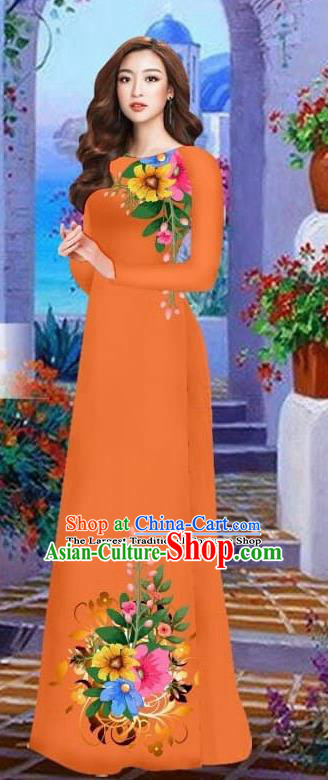 Asian Vietnam Traditional Female Costume Vietnamese Orange Cheongsam Printing Ao Dai Qipao Dress for Women