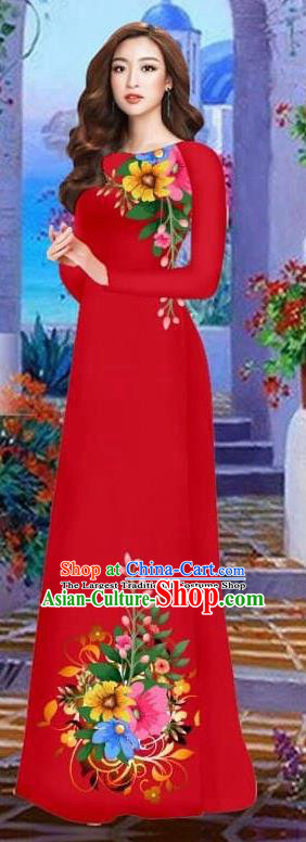 Asian Vietnam Traditional Female Costume Vietnamese Red Cheongsam Printing Ao Dai Qipao Dress for Women