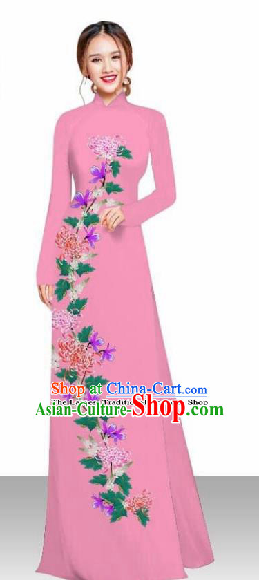 Asian Vietnam Traditional Female Costume Vietnamese Printing Chrysanthemum Pink Ao Dai Qipao Dress for Women