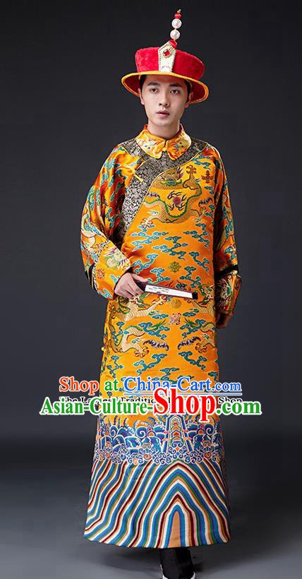 Chinese Ancient Drama Emperor Costumes Traditional Qing Dynasty Majesty Clothing and Hat for Men