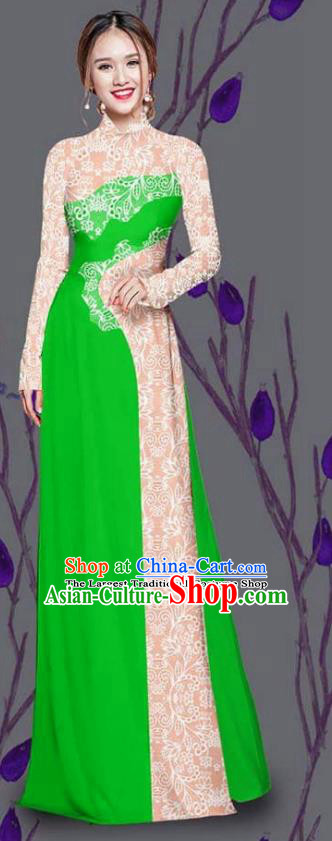 Asian Traditional Vietnam Costume Ao Dai Qipao Dress Vietnamese Bride Deep Green Cheongsam for Women