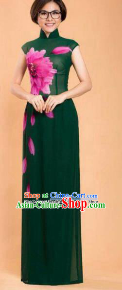 Traditional Vietnamese Ao Dai Qipao Dress with Black Loose Pants Two Piece  Set