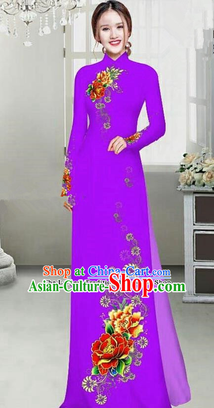Asian Traditional Vietnam Female Ao Dai Costume Vietnamese Bride Printing Peony Purple Cheongsam for Women