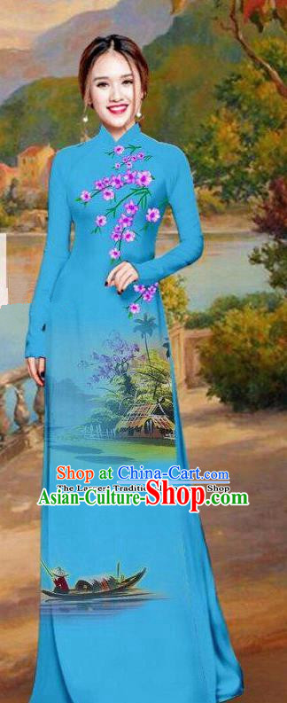 Asian Traditional Vietnam Bride Costume Vietnamese Printing Blue Ao Dai Cheongsam for Women