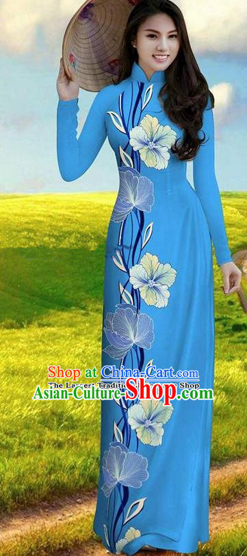 Vietnam Traditional Bride Costume Blue Qipao Dress Vietnamese Printing Morning Glory Ao Dai Cheongsam for Women