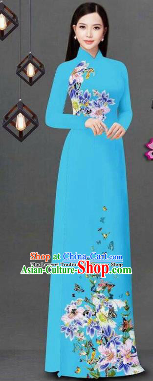 Vietnam Traditional Bride Costume Vietnamese Printing Flowers Blue Ao Dai Qipao Dress Cheongsam for Women