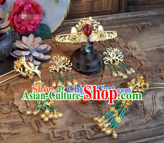Chinese Ancient Wedding Hair Jewelry Accessories Palace Agate Hair Crown Hairpins Complete Set for Women