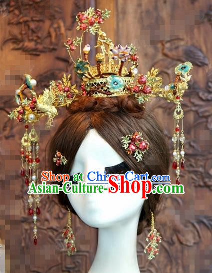 Chinese Ancient Hair Accessories Wedding Bride Crane Hair Clips Hairpins Complete Set for Women