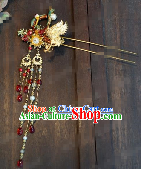 Chinese Ancient Hair Accessories Wedding Bride Crane Tassel Hair Clips Hairpins for Women