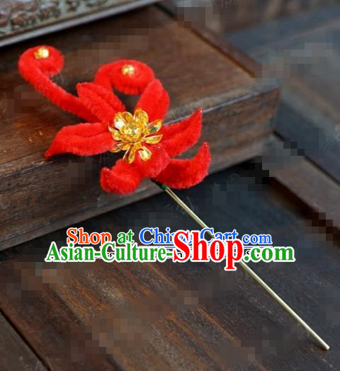 Chinese Ancient Queen Red Velvet Flower Hair Clip Wedding Bride Headdress Hairpins for Women