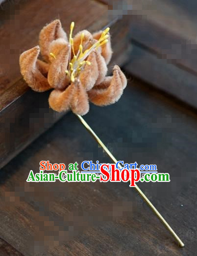 Chinese Ancient Queen Orange Velvet Flower Hair Clip Wedding Bride Headdress Hairpins for Women