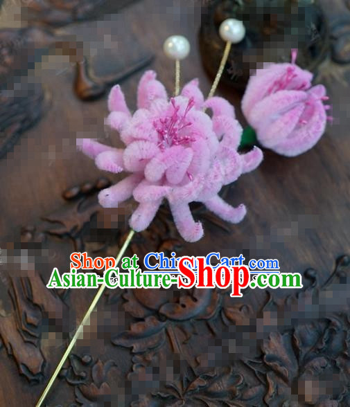 Chinese Ancient Qing Dynasty Empress Hair Clip Palace Pink Chrysanthemum Hairpins for Women