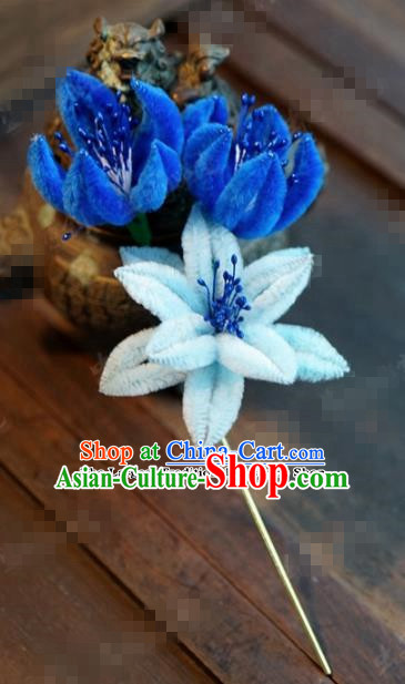 Chinese Ancient Empress Blue Flowers Hair Clip Palace Hairpins for Women