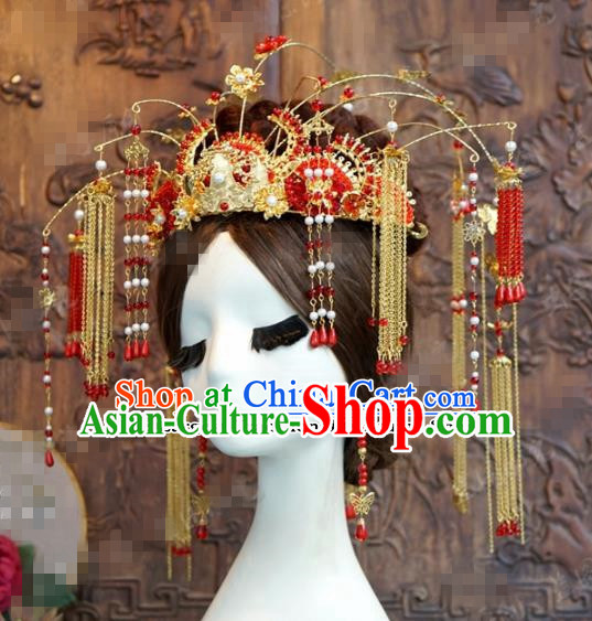Chinese Ancient Empress Red Beads Tassel Phoenix Coronet Palace Wedding Hairpins Complete Set for Women