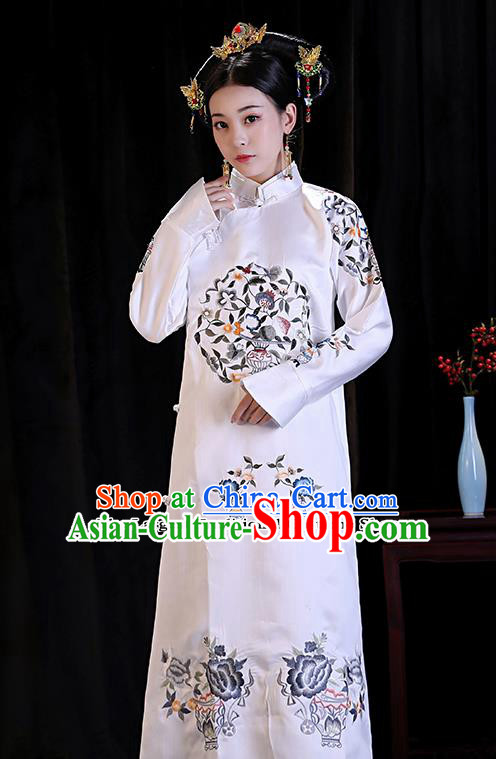 Chinese Ancient Manchu Lady Embroidered Dresses Qing Dynasty Drama Princess Costumes and Headpiece Complete Set