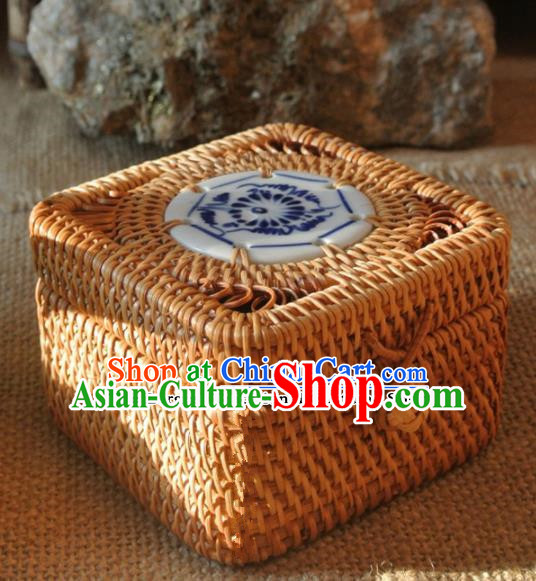 Asian Vietnamese Traditional Craft Rattan Tea Box Straw Plaited Storage Box