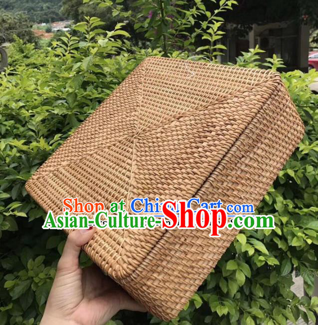 Asian Vietnamese Traditional Rattan Craft Artware Straw Plaited Square Tea Box