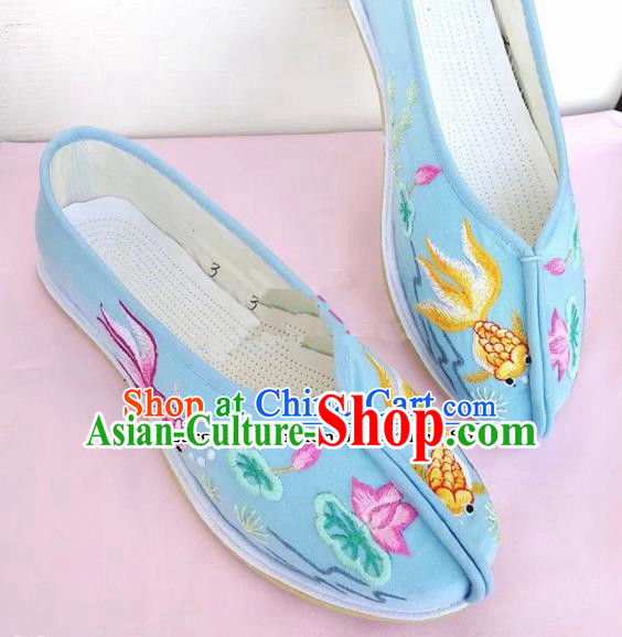 Chinese Traditional Hanfu Shoes Embroidered Lotus Blue Shoes Handmade Cloth Shoes for Women
