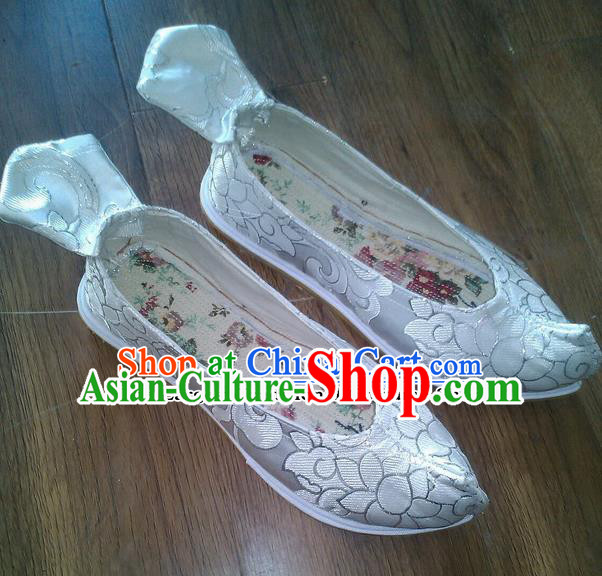 Chinese Traditional Hanfu Shoes Ancient White Satin Embroidered Shoes Handmade Shoes for Women