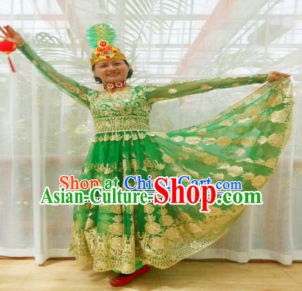 Chinese Ethnic Folk Dance Green Dress Traditional National Uyghur Nationality Costumes for Women