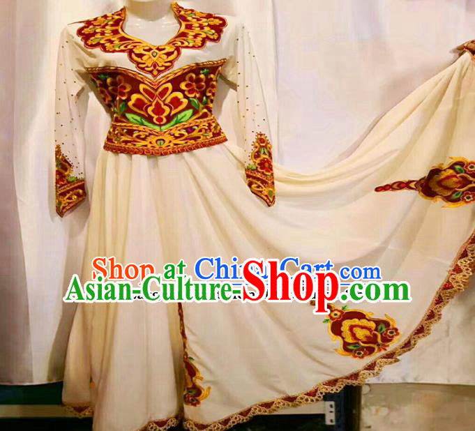 Chinese Ethnic Minority Folk Dance Embroidered White Dress Traditional National Uyghur Nationality Costumes for Women
