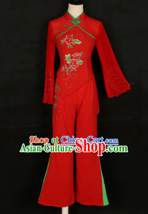 Chinese Traditional Folk Dance Costumes Yanko Dance Fan Dance Red Clothing for Women