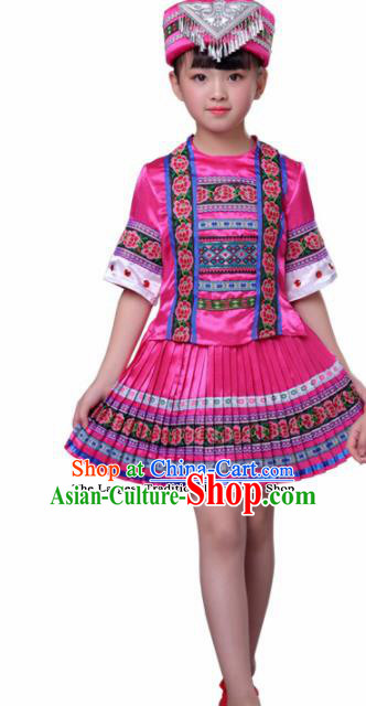 Chinese Traditional Yao Nationality Folk Dance Pink Dress Ethnic Dance Costumes for Kids