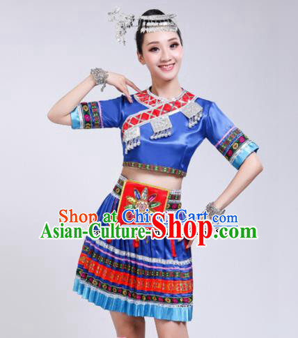 Chinese Zhuang Ethnic Minority Royalblue Embroidered Dress Traditional Nationality Folk Dance Costumes for Women
