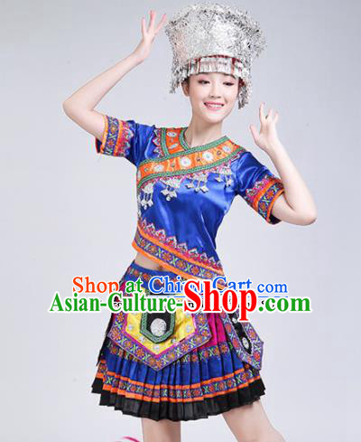 Chinese Zhuang Ethnic Minority Blue Embroidered Dress Traditional Nationality Folk Dance Costumes for Women