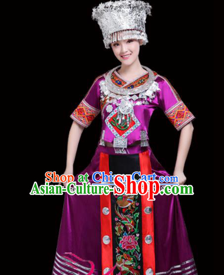 Chinese Miao Ethnic Minority Purple Embroidered Dress Traditional Nationality Folk Dance Costumes for Women