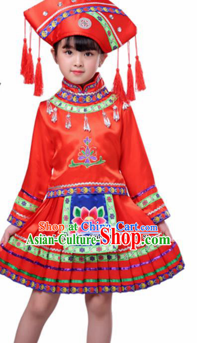 Chinese Traditional Zhuang Minority Folk Dance Clothing Ethnic Dance Red Costumes for Kids