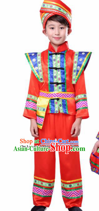 Chinese Traditional Zhuang Minority Boy Folk Dance Clothing Ethnic Dance Red Costumes for Kids