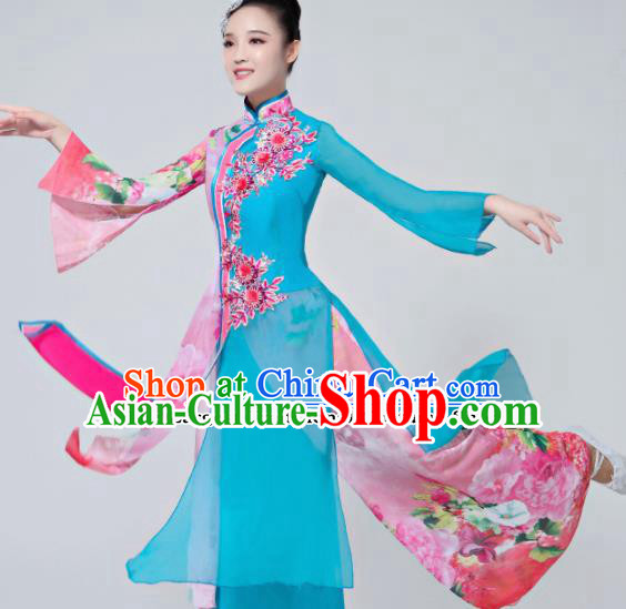 Chinese Traditional Folk Dance Costumes Classical Dance Umbrella Dance Blue Dress for Women