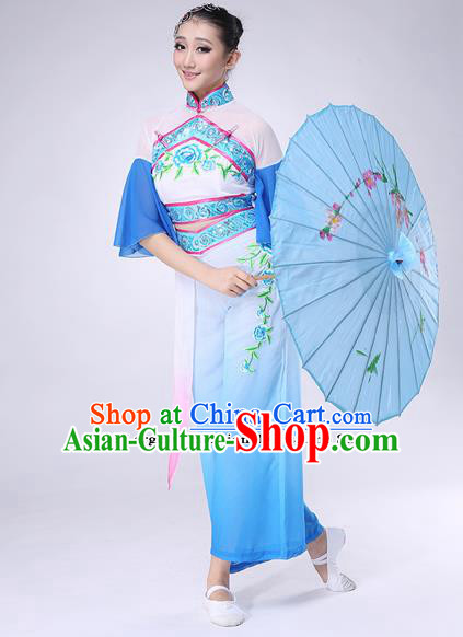 Chinese Traditional Folk Dance Blue Clothing Classical Dance Umbrella Dance Costumes for Women